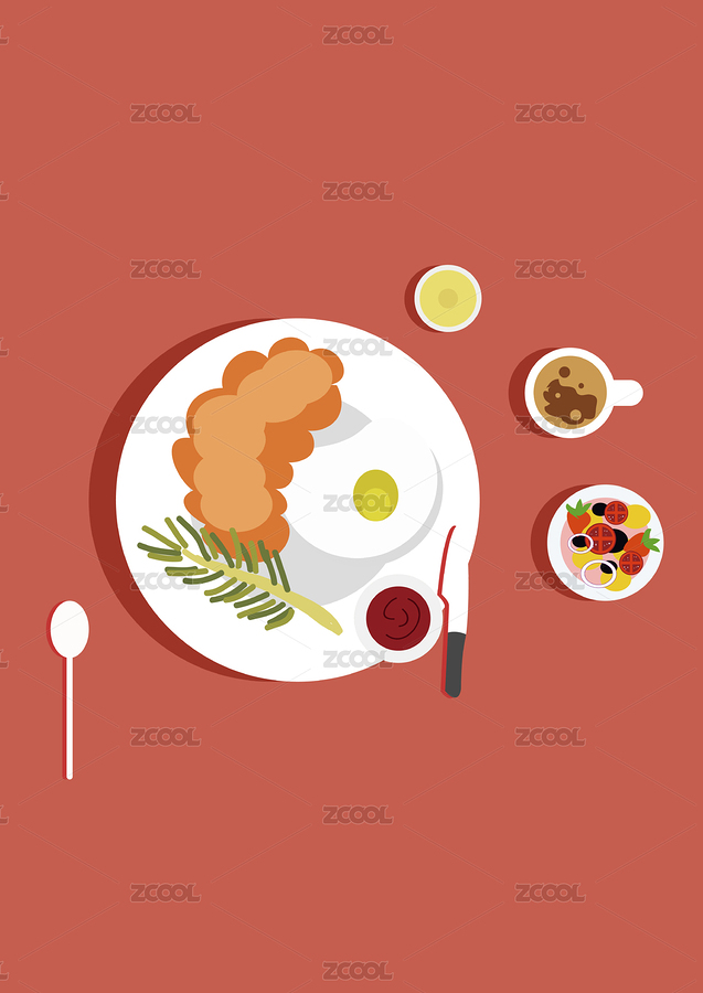 盛有荷包蛋美食的盤子放在帶有咖啡和各種餐具的紅色桌布上（主預(yù)覽-7006223） - 未分類 - 站酷設(shè)計師繪畫狂熱原創(chuàng)素材 - 站酷ZCOOL