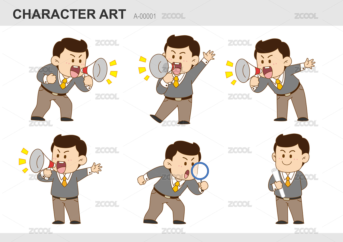 矢量卡通插畫人物角色：男職員手拿喇叭大聲宣傳推廣業(yè)務放大鏡查看信息手拿資料（主預覽-7344052） - 未分類 - 站酷設計師paminio原創(chuàng)素材 - 站酷ZCOOL