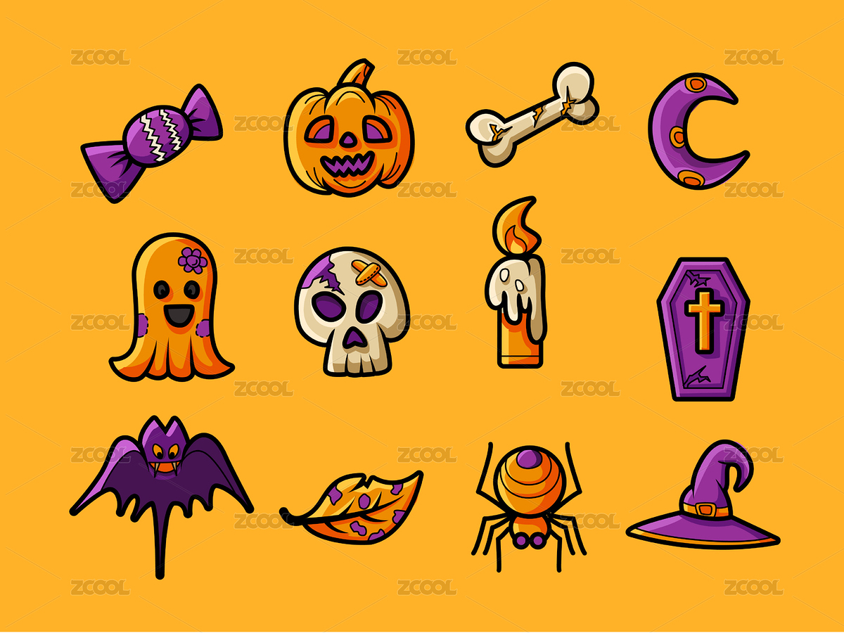 萬圣節(jié)糖果南瓜骨頭月亮幽靈骷髏頭蠟燭墓碑蝙蝠葉子蜘蛛帽子矢量插畫圖標(biāo)（主預(yù)覽-3008363） - 未分類 - 站酷設(shè)計(jì)師扁豆君Dream原創(chuàng)素材 - 站酷ZCOOL