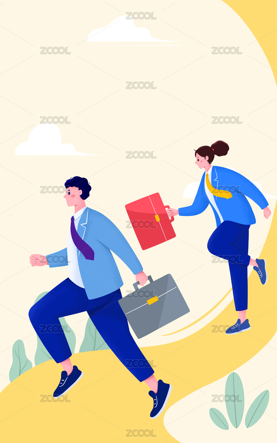 扁平插画职场青年男女在跑步去上班