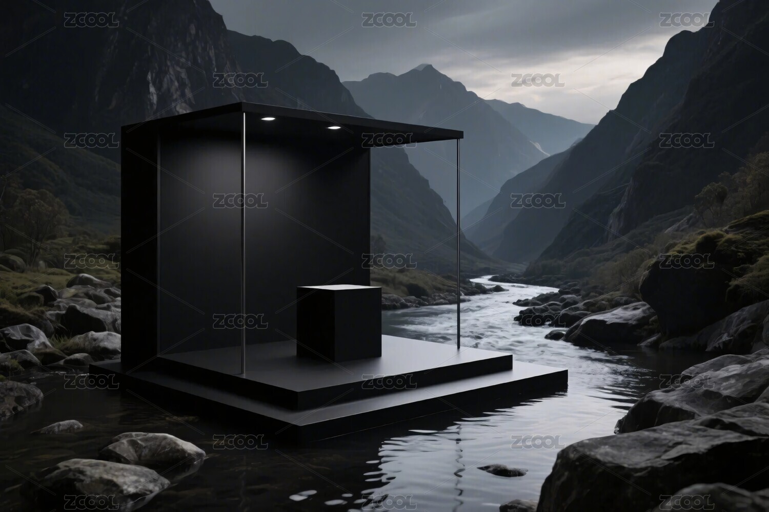 山间溪流黑色方舱建筑景观