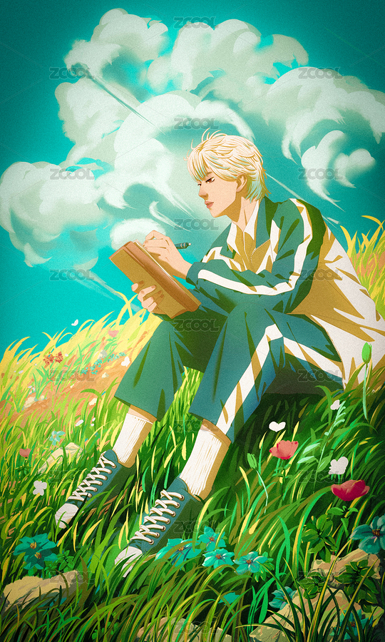 坐在草地上看书的男生插画（主预览-7310825） - 未分类 - 站酷设计师焦客白原创素材 - 站酷ZCOOL