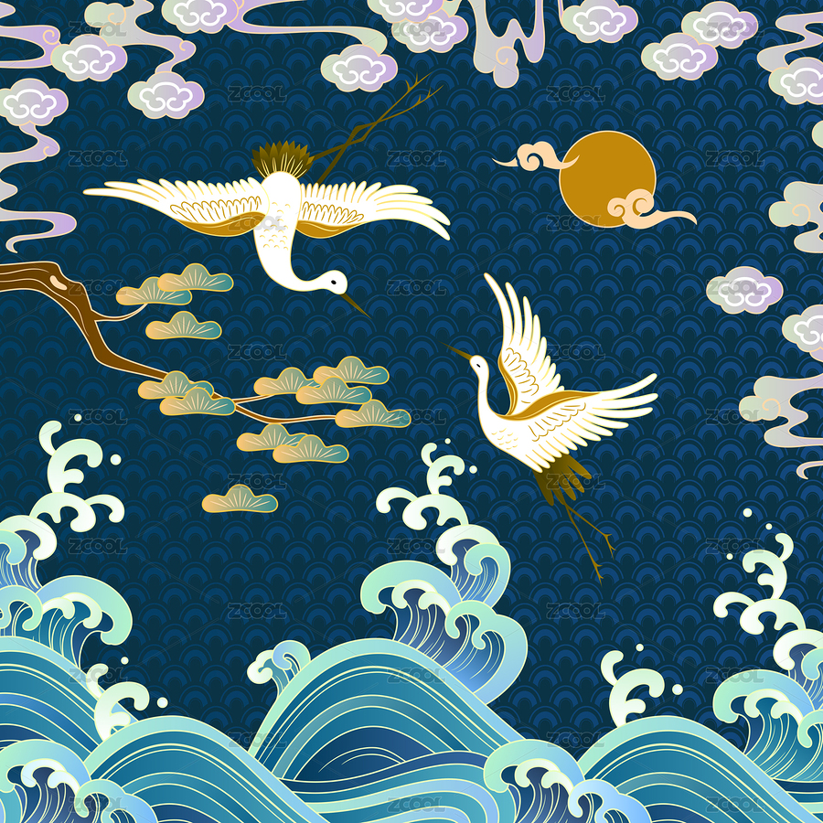 中国风古典仙鹤云纹与海水纹底纹背景插图（主预览-3065196） - 未分类 - 站酷设计师七月和笠原创素材 - 站酷ZCOOL
