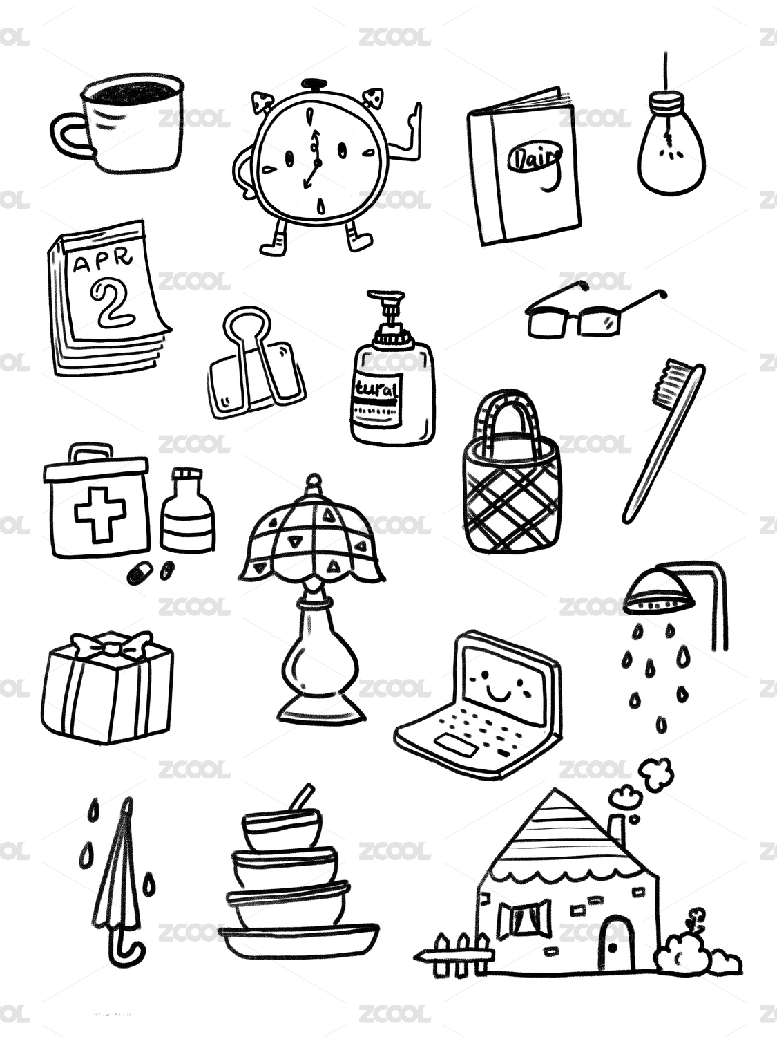 黑白线描简笔画卡通生活用品手绘元素