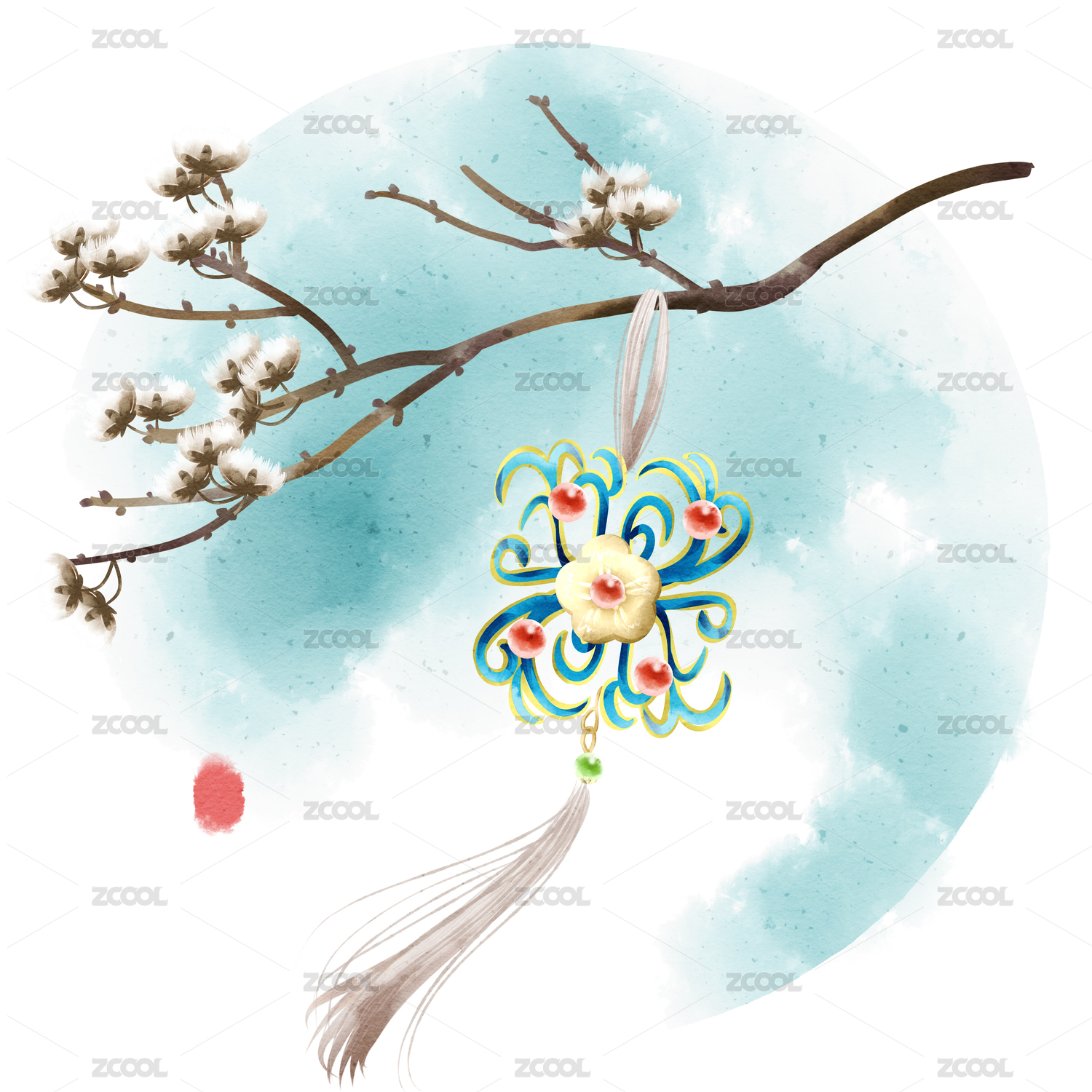  水彩风格中国古代配饰与植物插画