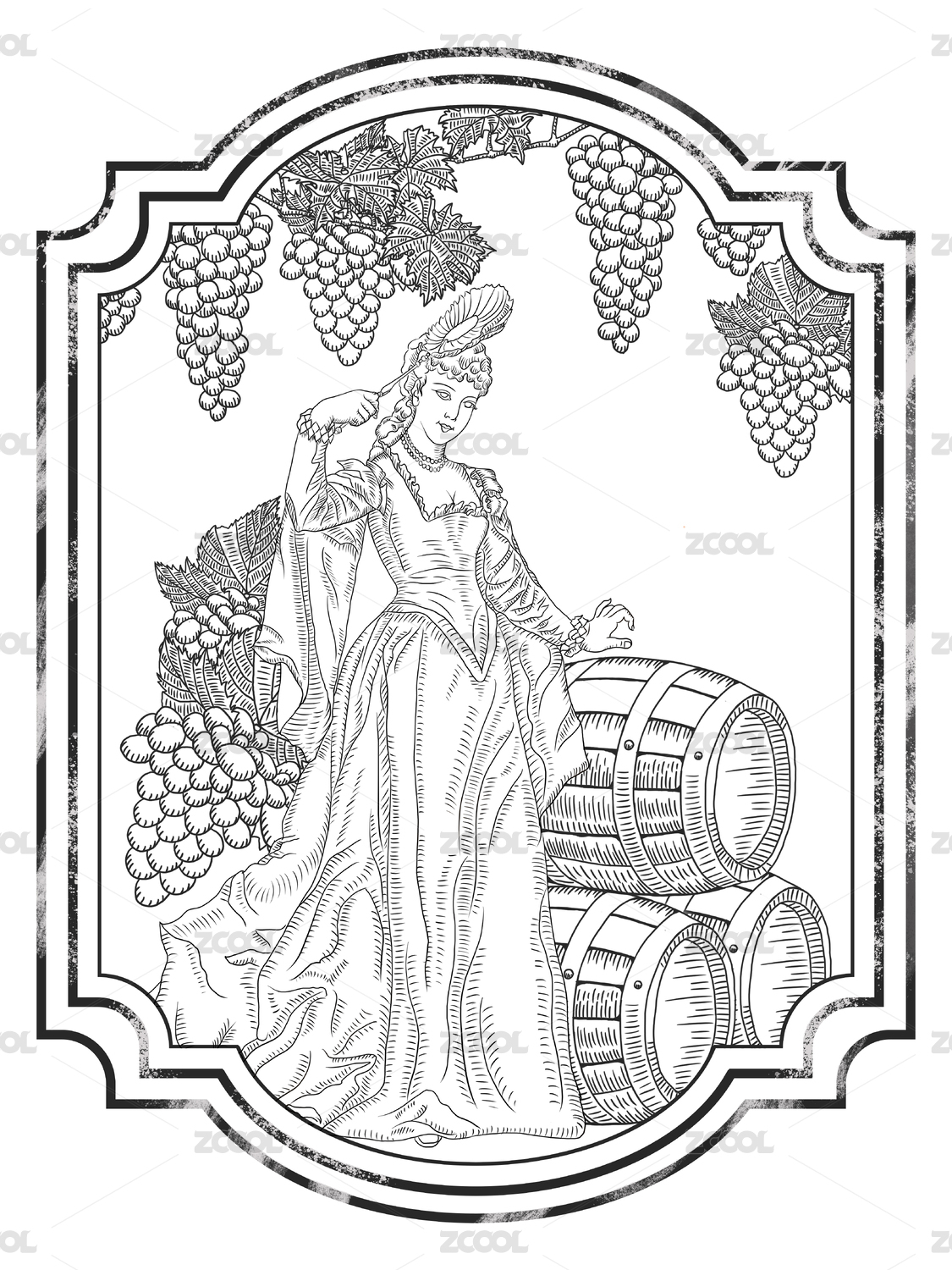 中世纪版画红酒插画包装