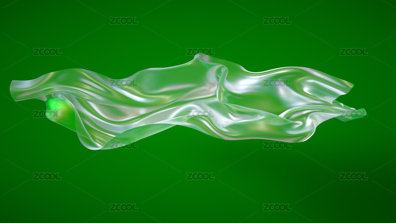 三维渲染的流动绿色布料透明玻璃背景