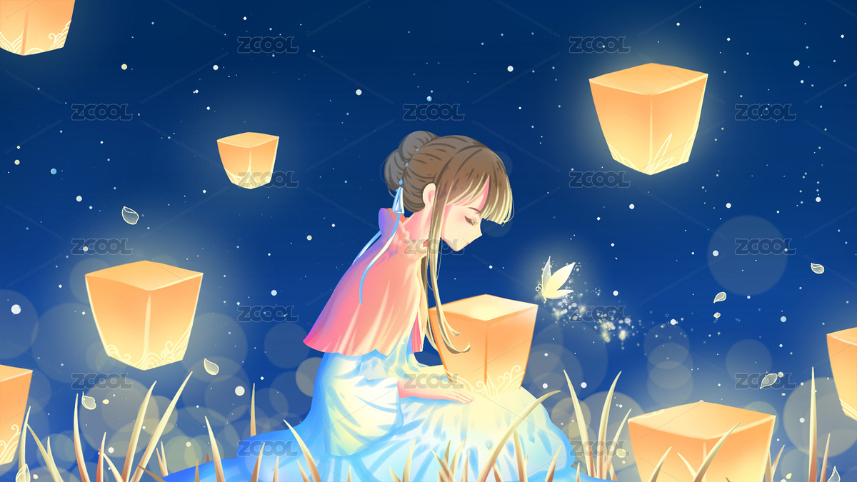 在夜晚，少女跪坐在草地上放孔明灯，治愈唯美插画。（主预览-8145848） - 未分类 - 站酷设计师人间人间1原创素材 - 站酷ZCOOL