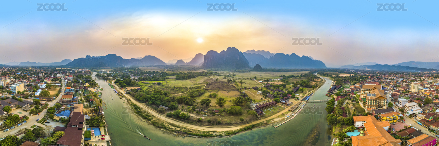 Panoramic Landscape and Townscape of Vang Vieng, Laos, Southeast Asia