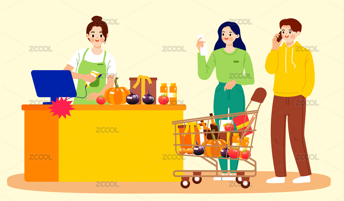 在超市購物買菜結(jié)賬的青年（主預(yù)覽-7416190） - 未分類 - 站酷設(shè)計師晚風(fēng)在畫畫原創(chuàng)素材 - 站酷ZCOOL