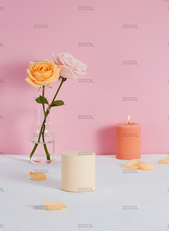 粉色背景前白色桌面上放有玫瑰花蠟燭圓柱（主預(yù)覽-7508773） - 未分類 - 站酷設(shè)計師SueXue原創(chuàng)素材 - 站酷ZCOOL