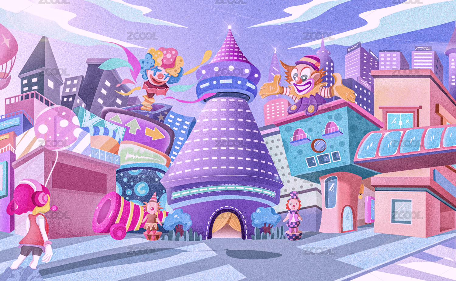 六一儿童节城市广场中心马戏团场景插画