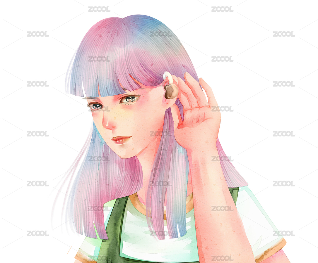 水彩風(fēng)格聾人少女戴著助聽器仔細(xì)聽著周圍環(huán)境插畫人物元素（主預(yù)覽-7286159） - 未分類 - 站酷設(shè)計師他山之石hyde原創(chuàng)素材 - 站酷ZCOOL