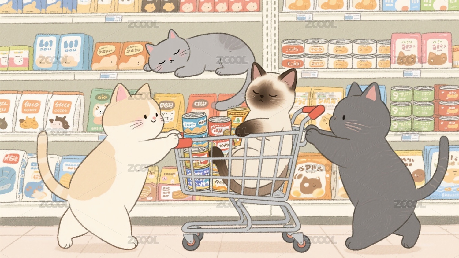 绘本风小猫购物场景插画