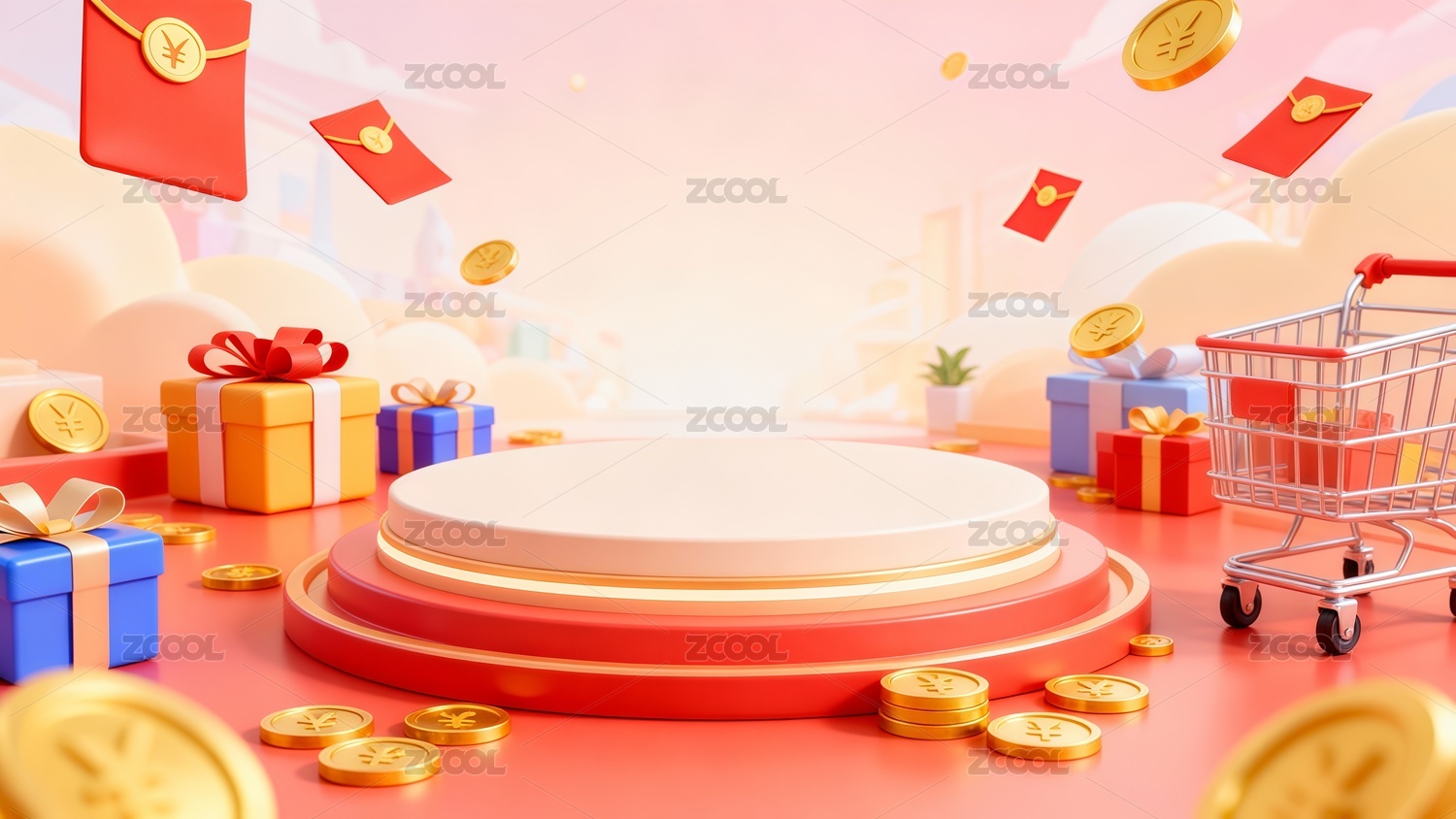 卡通风格电商展台插画