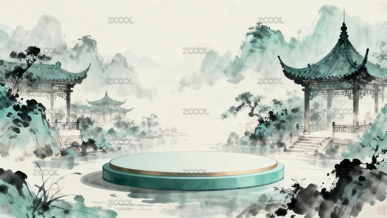 国画风格电商展台插画