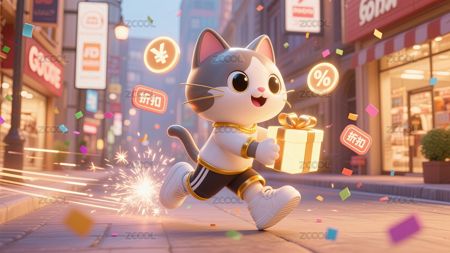 3D卡通猫咪购物送礼促销场景插画