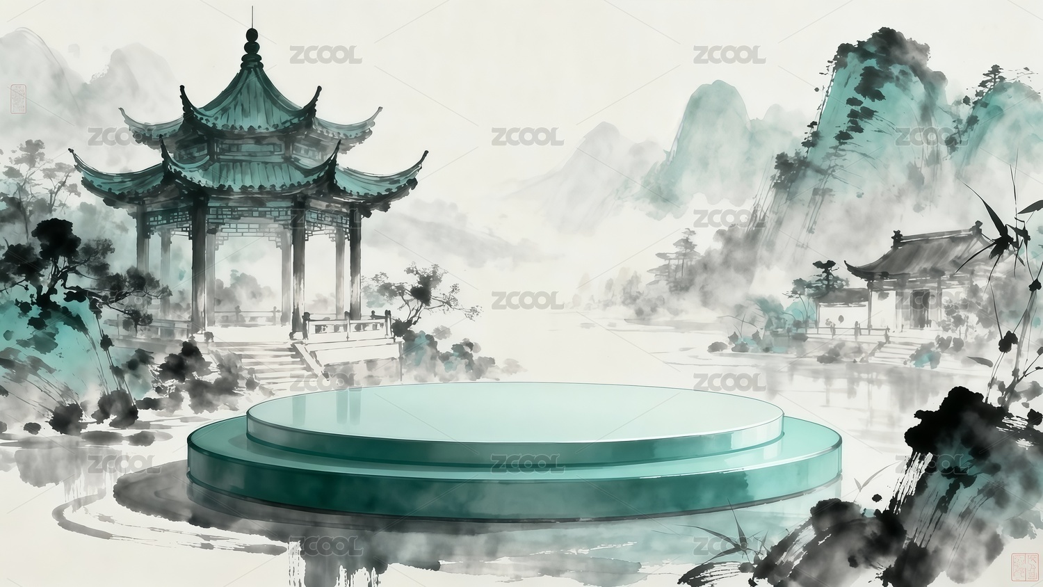 国画风格电商展台插画