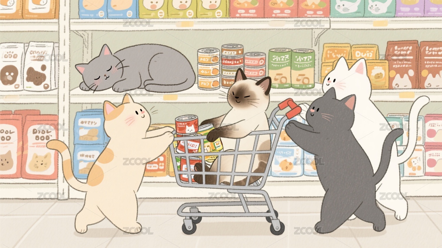绘本风小猫购物场景插画