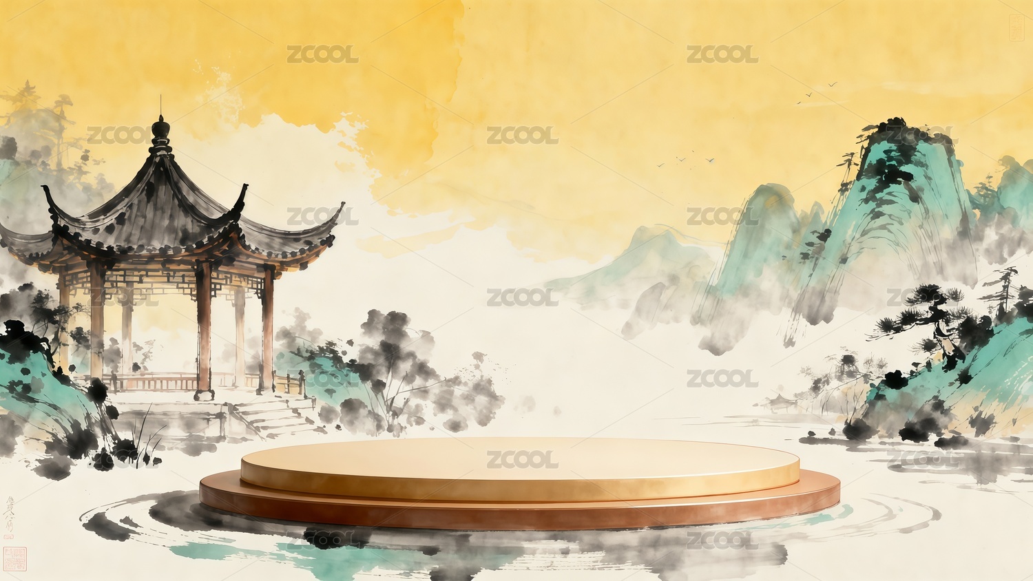 国画风格电商展台插画