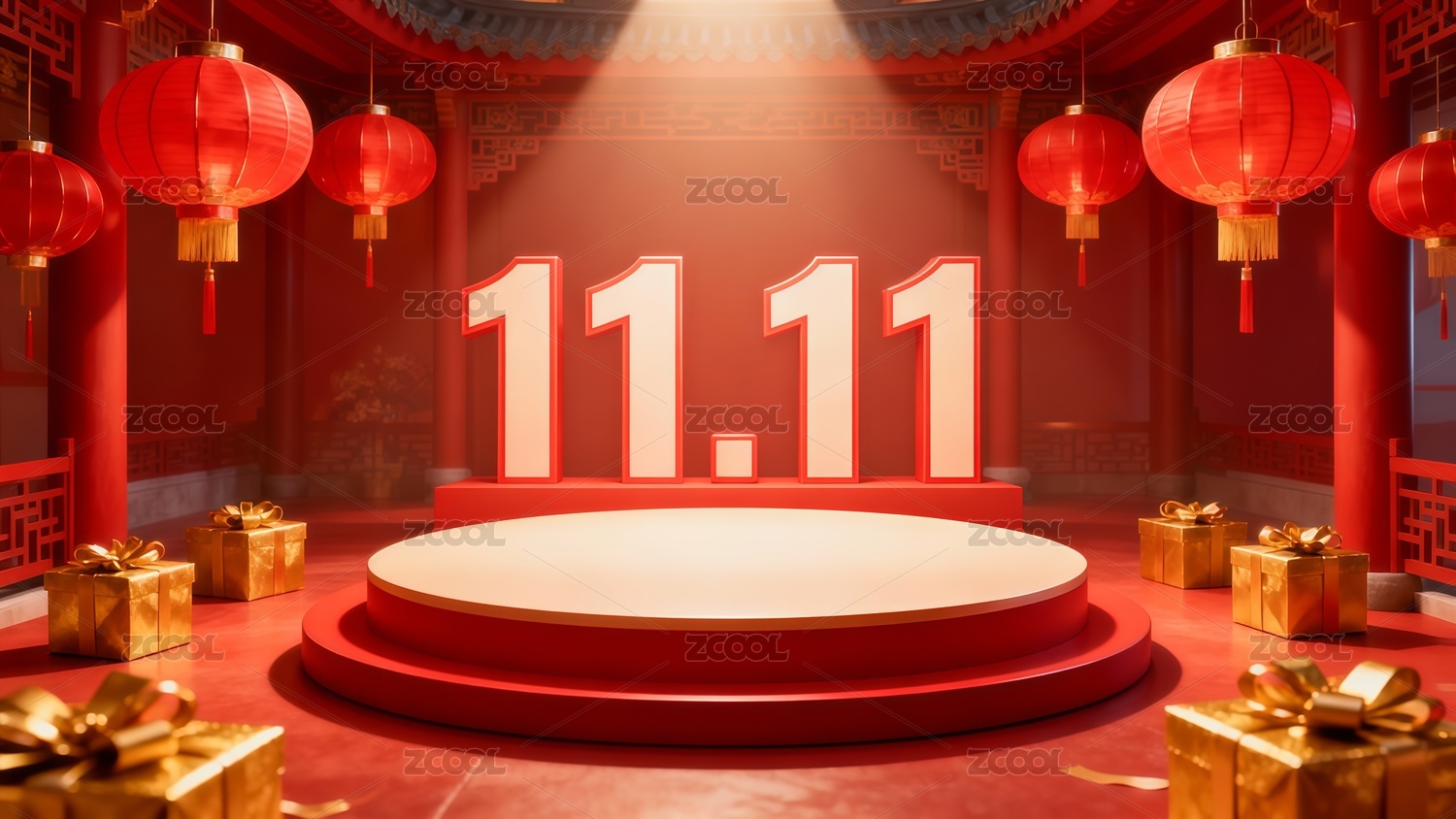 中国风双11电商展台插画