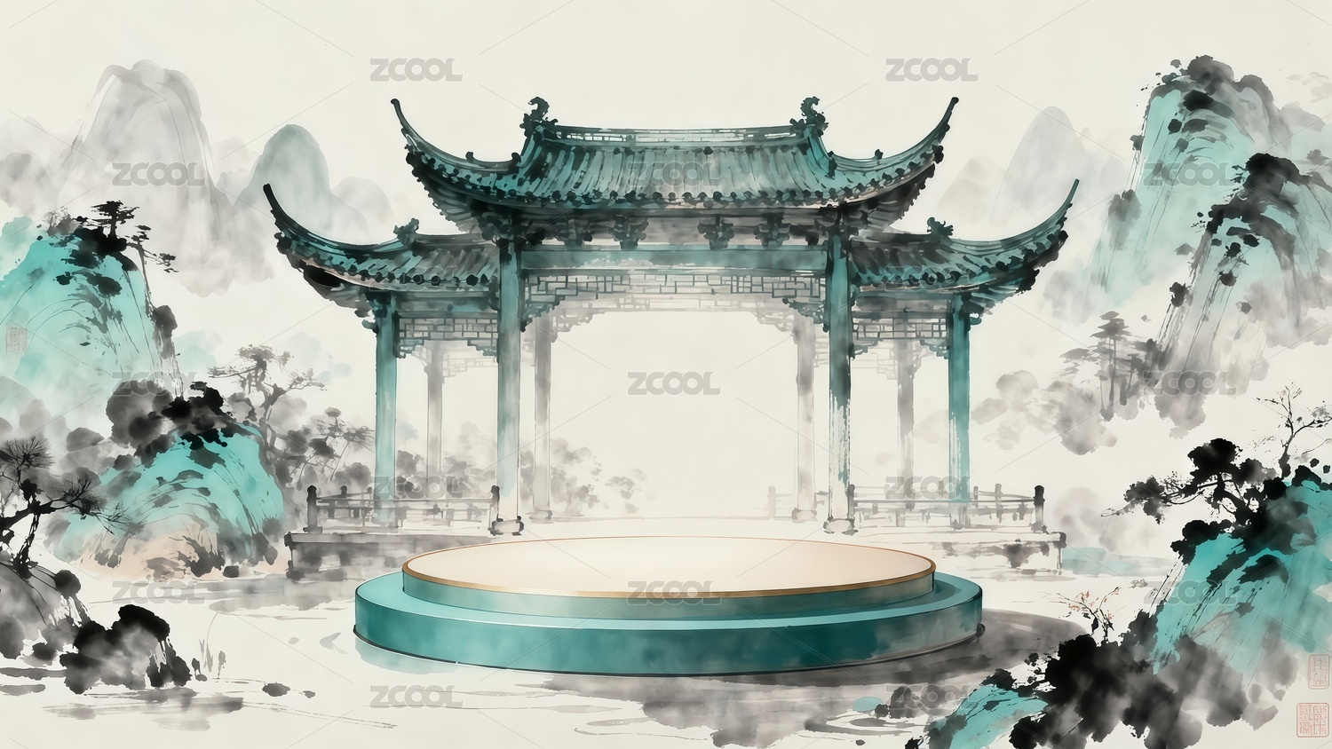 国画风格电商展台插画