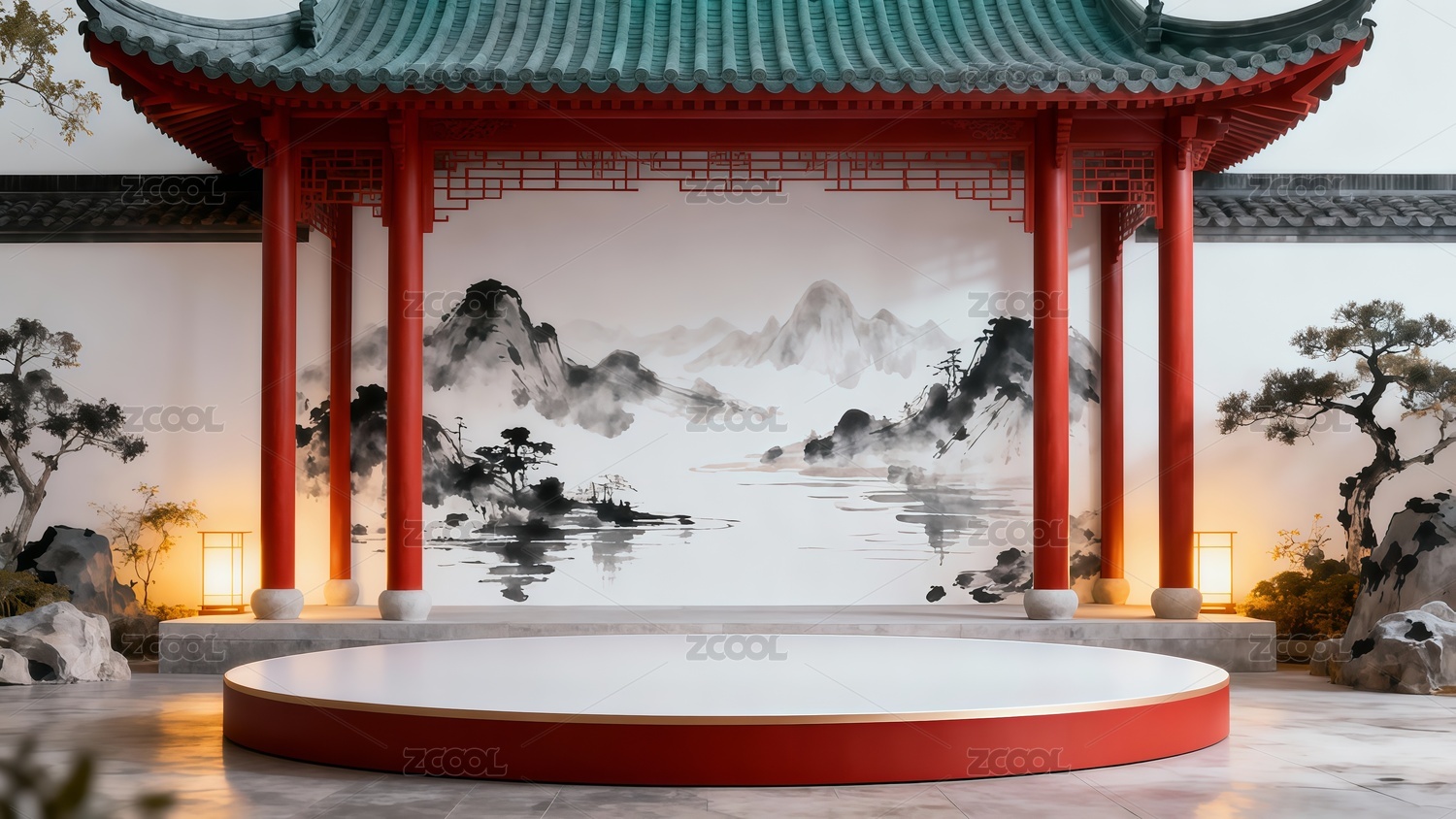 国画风格电商展台插画