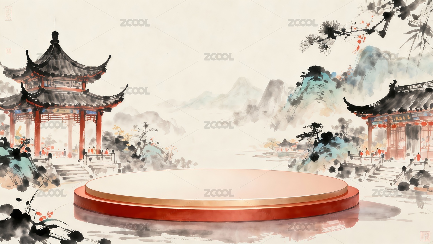 国画风格电商展台插画