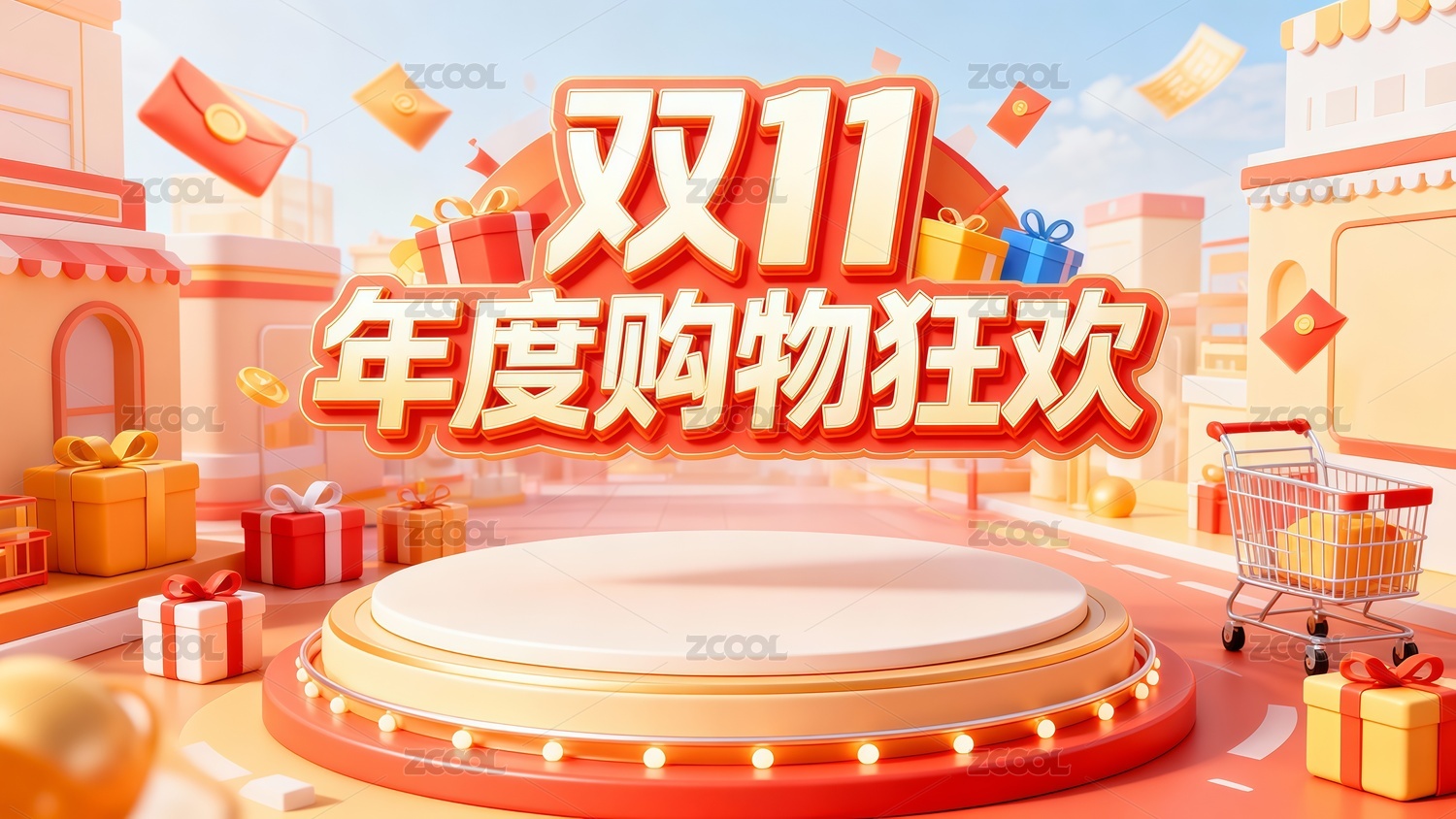 卡通风格双十一电商展台插画